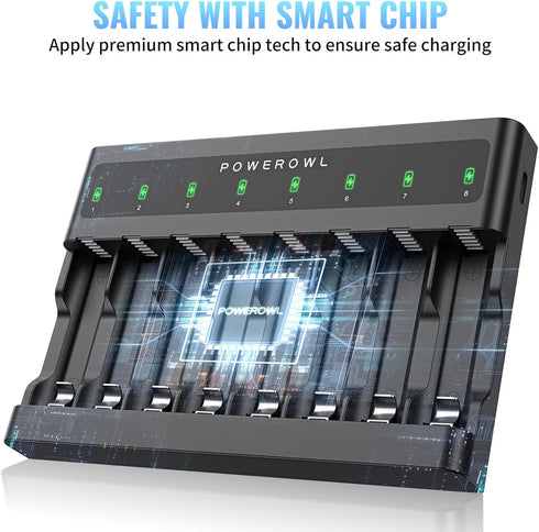 POWEROWL AA AAA Battery Charger 8 Bay, USB Fast Charging for Ni-MH Ni-CD Rechargeable Batteries