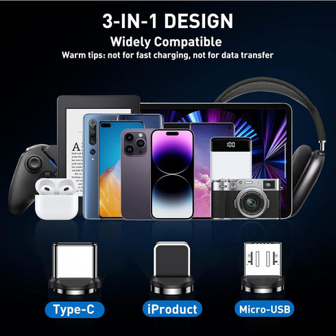 Magnetic Charging Cable 5-Pack, 540° Rotating Magnetic Phone Charger Cable with LED Light for Micro USB, USB C,