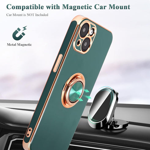 Design for iPhone 13 Case, 360° Rotatable Ring Holder Magnetic Kickstand, Soft Silicone Ultra Slim Edge Plating 6.1 Inch