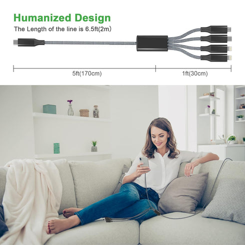 USB C to Multi 4 in 1 Long Charger Cable - Dual Lightning/Type C/Micro USB Connector, 2M/6Ft 6A PD Fast Long Charging