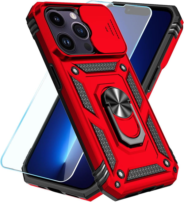 SunStory iPhone 13 Pro Case with HD Screen Protector, Slide Camera Cover, Rotated Ring Kickstand, Red