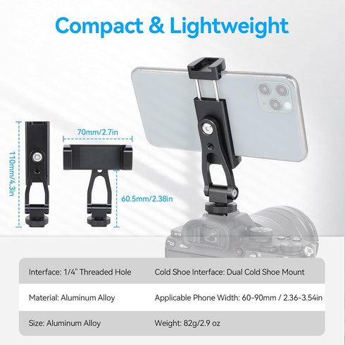 UTEBIT 1/4" 180 360 17 16 15 14, Universal Phone Tripod Mount with Cold Shoe Mount, Thread Tilt Rotation Support