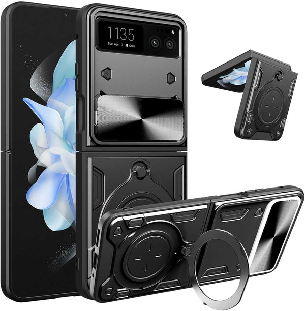 for Motorola razr 2023 Case, Metal Ring Holder Stand Cover with Camera Protector, Full Protection Shockproof (Black)