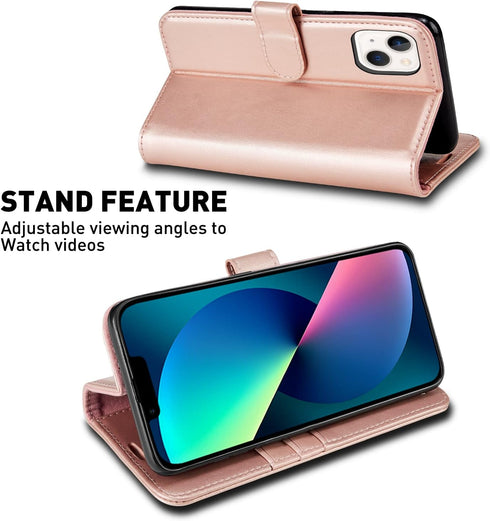 MONASAY 5G Wallet Case for iPhone 14/13, 6.1" Flip Folio Leather, RFID Blocking, Credit Card Holder, Rosegold + Glass