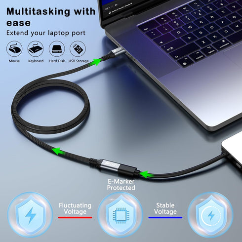 1.5ft 3.3ft 5ft 6.6ft 10ft, 20Gbps/4K@60Hz USB3.2 240W 17 16 15 PSVR2/Hub/iPad 1.5ft USB C Extension Cable, Video
