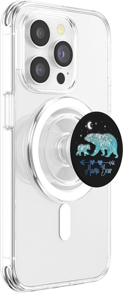 Silver Light Blue Mama Bear One Cub on Black Pattern PopSockets MagSafe PopGrip for iPhone