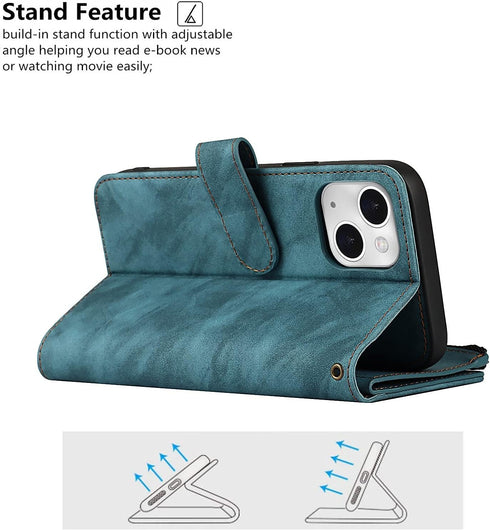 iCoverCase iPhone 13 Wallet Case with Card Holder, 2 in 1 PU Leather Magnetic Clasp, Zipper Pocket, Blue