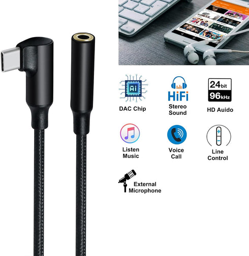 Angled USB Type C to 3.5mm Audio Adapter - USB-C to Aux Dongle for Android, Tablet, Laptop, Speaker, Car Stereo, Black.