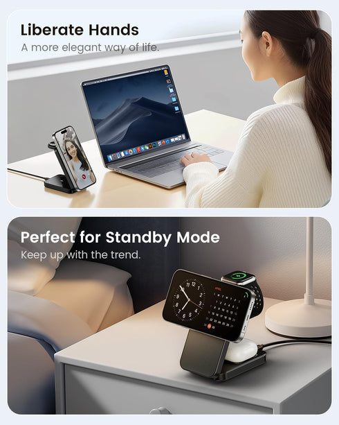ESSAGER 3 in 1 Foldable Travel Wireless Charger, 15W Magnetic Charging Station for iPhone 16/15/14/13/12 Series, 20W