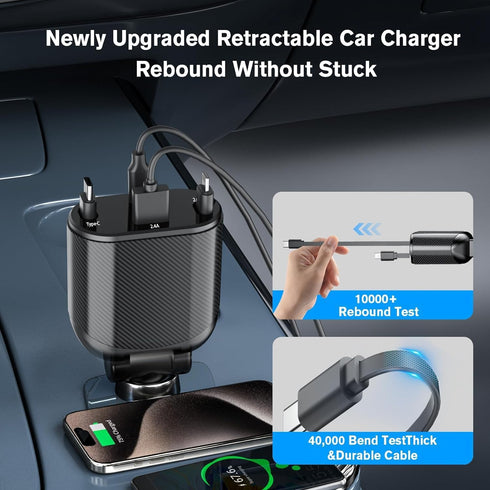 Retractable Car Charger 4 in 1 Fast Charging Adapter, 62W Type-C/Lightning Cables for iPhone 16/15/14/13/12 Pro Max