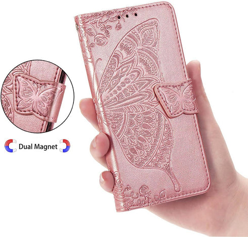 Wallet Case for iPhone 12 Pro/iPhone 12, Women Flip Folio Cover with Butterfly Embossed PU Leather, Rose Gold