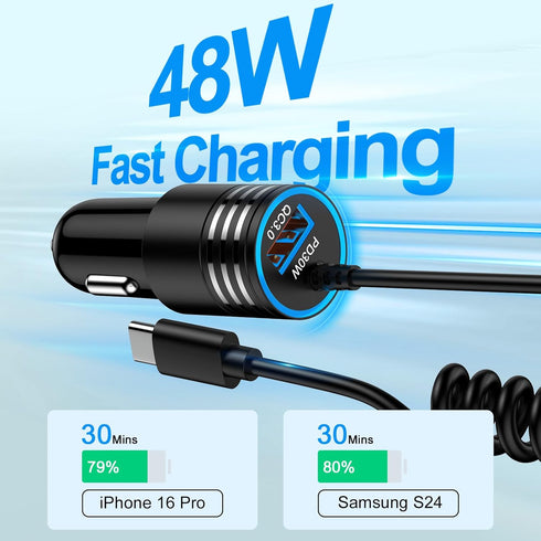 48W Car Charger USB C Fast Charging for iPhone 16 Pro Max, Motorola Edge 2024 Razr, 3ft Type C Coiled Cable