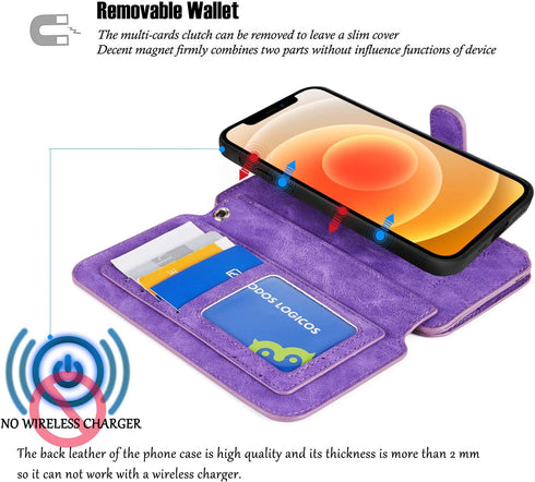MODOS LOGICOS Detachable Wallet Folio Compatible with iPhone 12 Mini, Purple PU Leather Purse with Zipper