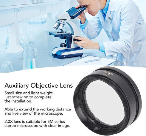 2X Auxiliary Objective Lens, Aluminium Alloy WD30 2X Barlow Lens for Stereo Microscope