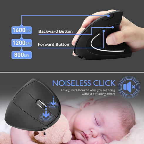 Ergonomic Wireless Mouse, Bluetooth Vertical Mouse with Three-mode Connection: BT5.0+USB A+USB C, Rechargeable, Black
