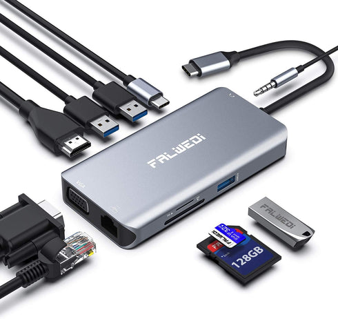 USB C Hub, Type C Adapter, Falwedi 10-in-1 Dongle with Ethernet, 4K HDMI, USB3.0, SD/TF Card Reader for MacBook