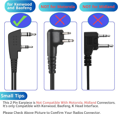 Walkie Talkie Earpiece with Mic, 2 Pin Air Acoustic Tube Surveillance Headset, Two Way Radio Earpiece with PTT/VOX, Security Earpiece Compatible with Baofeng, Kenwood, Retevis, 1 Pack