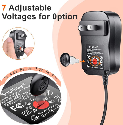 SoulBay 36W Universal AC Adapter 3V-12V Multi Voltage Switching DC Power Supply Transformer with 8 Adapters