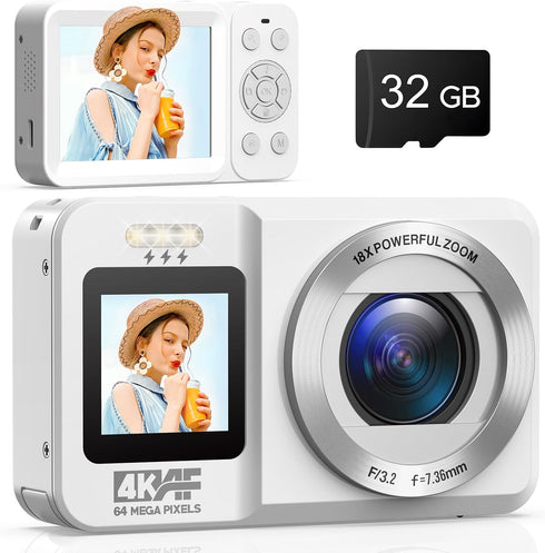 CAMWORLD Digital Camera, 4K 64MP UHD Dual Screens Camera, 18X Digital Zoom, Portable