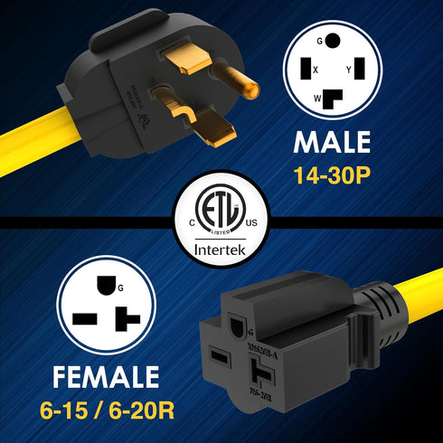 NEMA 14-30 to NEMA 6-20/6-15 Cord Adapter, STW 10 AWG, 3 Prong Dryer Adapter, 125V/250V, Heavy-Duty Adapter