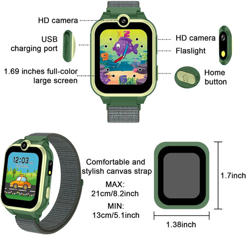 PTHTECHUS Smart Watch for Kids Girls, Ages 4-12, Audio Stories, 18 Puzzle Games, 2 Camera Video Music Player