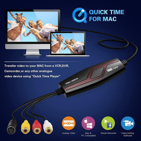 VIXLW Hi8 VHS to Digital Converter,Video Capture Card Device,VHS VCR Mini DV to Mac Digital Converter,RCA to USB Video