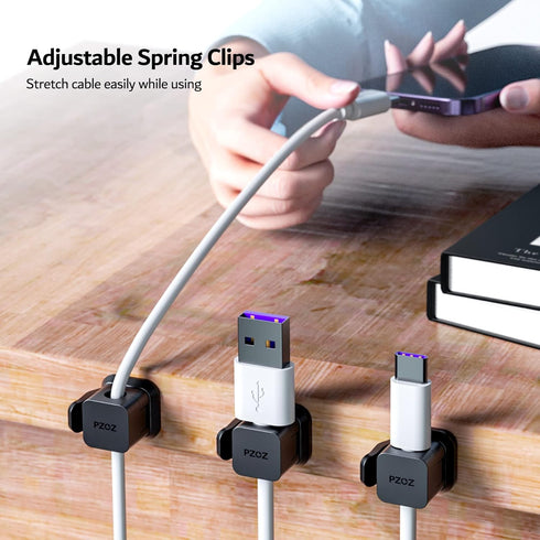 PZOZ 6 Pack Cord Organizer, Black - Adhesive Charger Cable Clips, Wire Holder for Home Office Desk, Nightstand