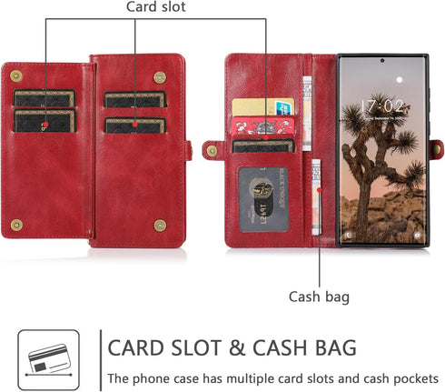 Asuwish Wallet Detachable Cover for Samsung Galaxy S23 Ultra 5G, Leather Flip Credit Card Holder with Magnetic Back, Red