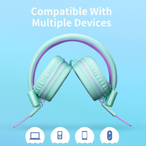 POWMEE P10 Kids Headphones with Microphone - Adjustable Volume Control Foldable On-Ear Headphones, Green.