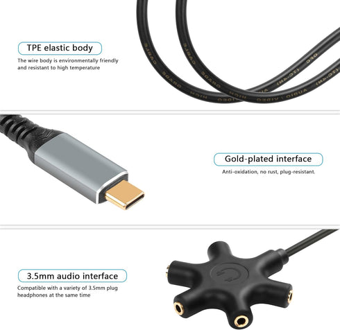 GINTOOYUN USB A/C Male to 5-Port 3.5mm Female Headphone Audio Splitter, 1 Male and 5 Female Jack Separator