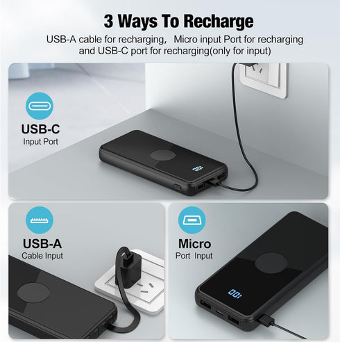 Portable Charger with Built-in Cables, High Speed Power Bank 10000mAh, 5 Outputs 3 Inputs for iPhone, Samsung, Tablets