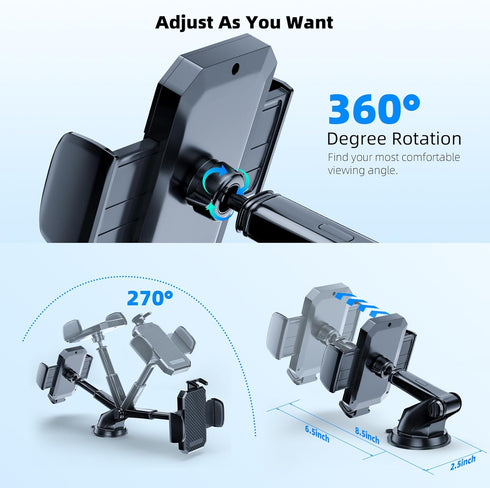 FBB Car Phone Mount, 3in1 Long Arm Suction Cup Holder, Universal Cell Phone Holder for Dashboard, Windshield, Vent