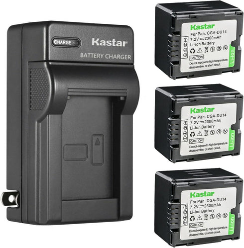 Kastar 3-Pack CGA-DU14 Battery and AC Wall Charger Replacement for Panasonic NV-GS230, NV-GS250, NV-GS258, NV-GS280,