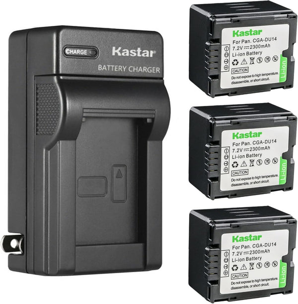 Kastar 3-Pack CGA-DU14 Battery and AC Wall Charger Replacement for Panasonic NV-GS230, NV-GS250, NV-GS258, NV-GS280,