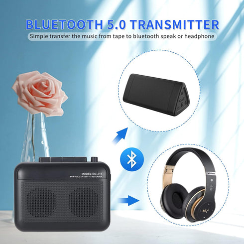 Portable Cassette Player Recorder with Bluetooth Transmitter, Walkman with Headphone Jack, Powered by AC or AA