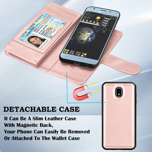 Takfox Galaxy J3 2018 Leather Wallet Case, Flip Folio with 9 Card Holder and Detachable Strap in Rose Gold