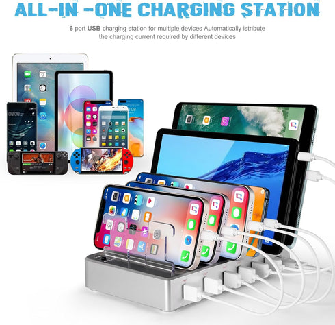 Charging Station, Multi Charging Station for Multiple Devices, 6 Ports USB Multi Phone Fast Charging Station for Cell