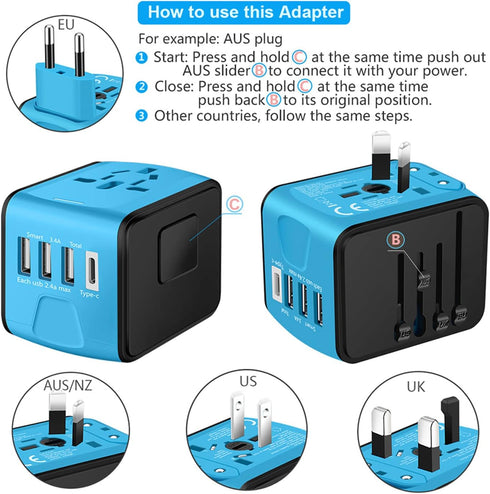 Travel Adapter Worldwide, Universal International Power Plug Adapter with 2.4A 3xUSB-A and 3.0A Type-C Charger