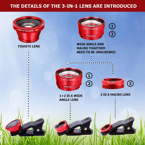 3 in 1 Phone Camera Lens Kit with Clip, Fisheye Lens, Wide Angle Lens, Macro Lens for Smartphones iPhone, Android (Red)