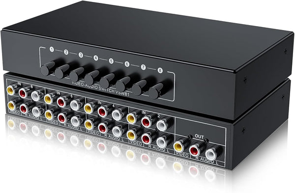 RCA Switch 8 in 1 Out Composite Video L/R Audio Selector Box, BolAAzuL 8-Way RCA Switcher - 8 Port AV Selector Switch