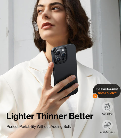 iPhone 15 Pro Case by TORRAS - Ultra Thin, Lightweight Matte Hard PC Cover, Slim Fit for 6.1" Black 2023 Model.