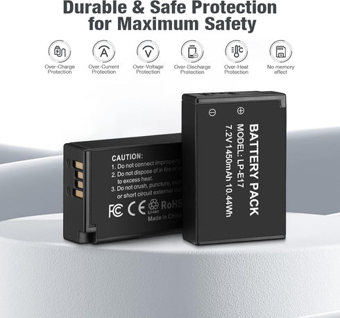 LP-E17 Battery Pack + Dual USB Charger for E RP, Rebel T7i, T6i, T6s, M6, M5, M3, SL3, SL2, 77D, 8000D