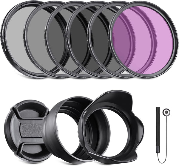 NEEWER 77mm ND2/4/8, UV/CPL/FLD Filter Kit with Lens Hoods, Cap, Pouch, Safety Tether & Cleaning Cloth