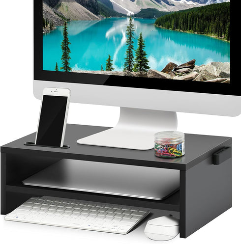 Marbrasse Monitor Stand Riser, 16.5 Inch 2 Tier Shelf for Laptop & Printer, Desktop Stand with Phone Holder, Black