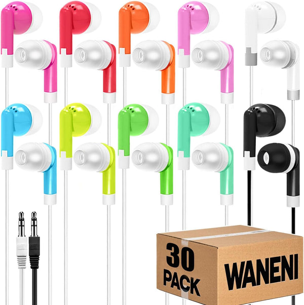 Waneni Wholesale Bulk Earbuds Headphones 30 Pack Class Set for School Classroom Students