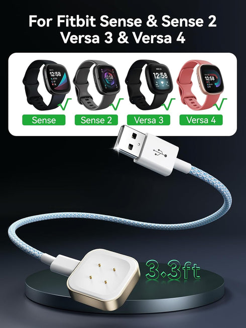 NEWDERY Charger Cable for Fitbit Sense/Sense 2/Versa 3/Versa 4, Premium Braided USB C Detachable Charging Dock, Durable Replacement Magnetic Cord for Smartwatch, 3.3Ft/1M