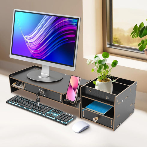 90 TFCFL Desktop Monitor Stand, Multi-Purpose Computer Monitor Booster Stand with Drawer, Adjustable Angle, Black MDF