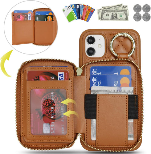 Hamany 12 12 5G 6.1 Inch-Brown for iPhone Case Wallet with Card Holder,for iPhone pro Phone case Wallet with Zipper