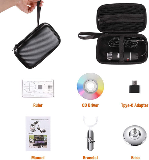 USB Digital Microscope 40X to 1000X, 8 LED Magnification Endoscope Camera with Carrying Case & Metal Stand