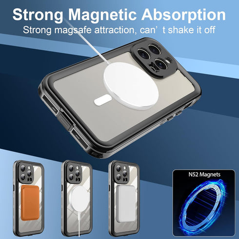 Ezanmull iPhone 15 Pro Max Waterproof Case, Magnetic with Screen Protector, IP68 Dustproof, Black